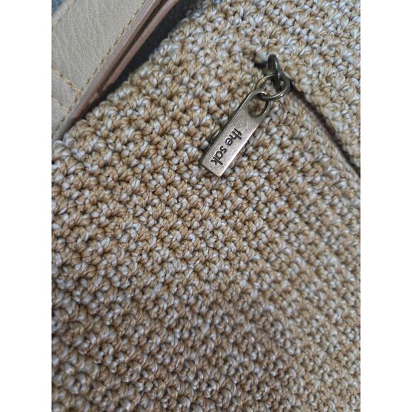 The Sak Hobo Crochet Cross Body Bag Zip Large Beige Brown Leather Tassle - Picture 4 of 9